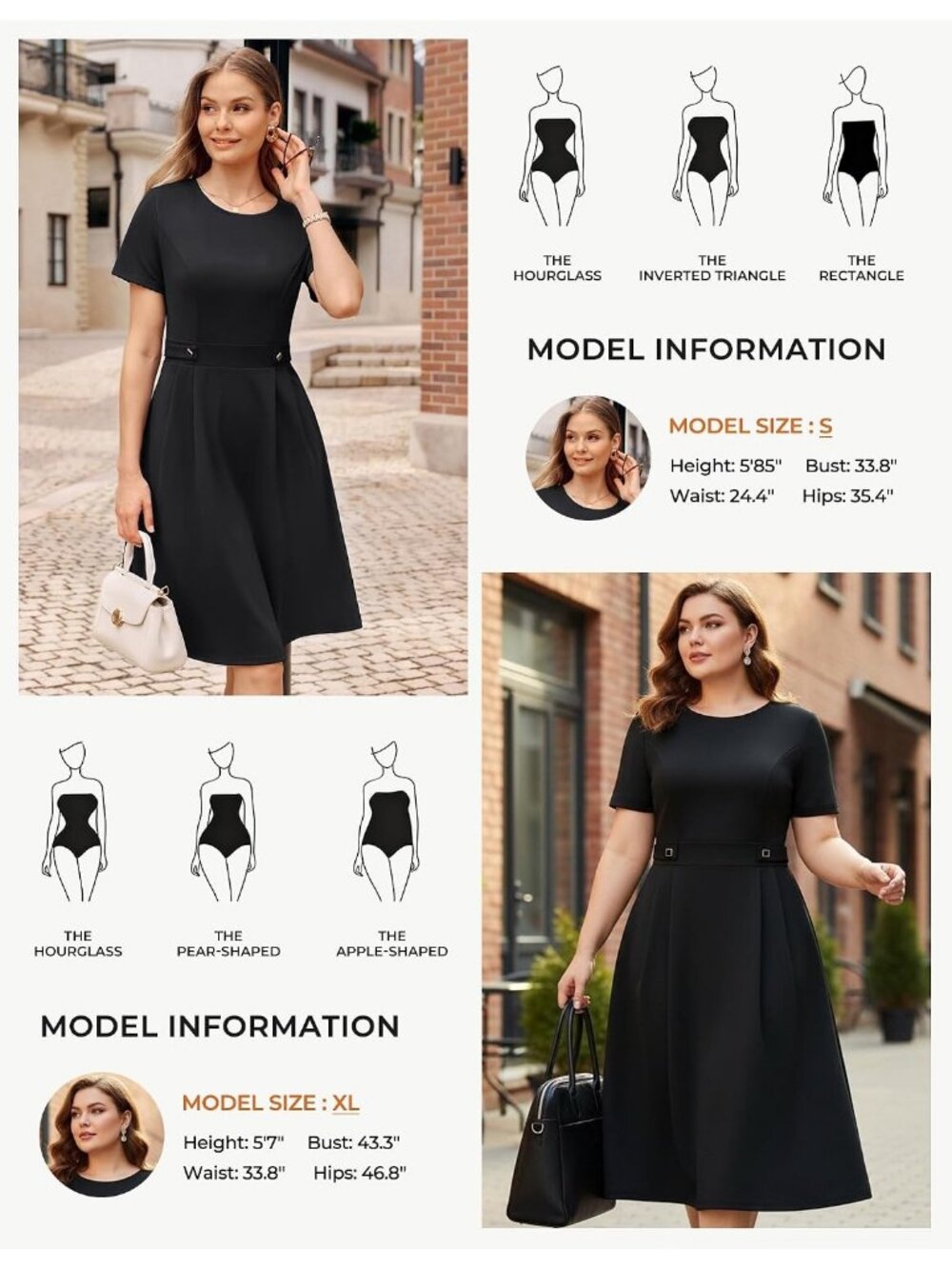 〽️ Women's Black Short Sleeve A Line Pockets Church Work Office Midi Dress - Picture 4 of 6